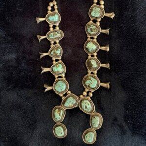 Vintage 1970s Navajo Turquoise Squash Blossom Necklace | Sterling Silver |